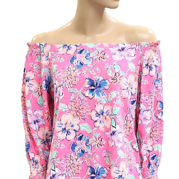 Lilly Pulitzer Lessa Blouse Top Off The Shoulder Smocked Floral Printed L 282319 - Picture 4 of 7